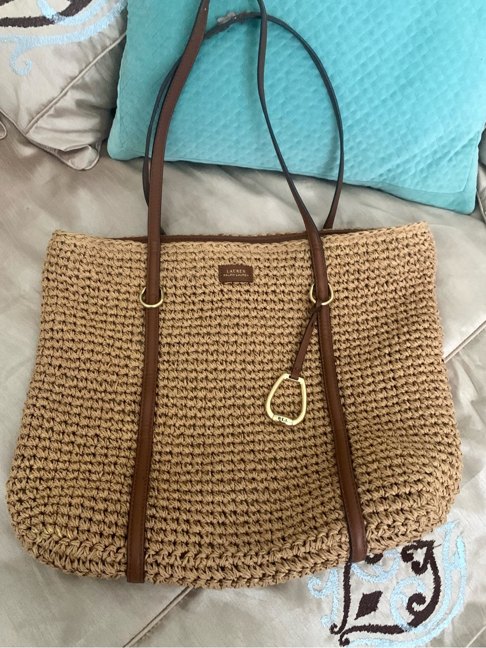 Ralph Lauren Tan Woven Straw Raffia Tote with Brown Leather Straps Gold Hardware - Picture 5 of 10